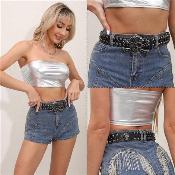 Rhinestone Skull Belt for Men Women Studded Belts Y2k Punk Skull Belt Bling